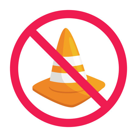 Forbidden sign with traffic cone icon, no road cone allowed, cone barrier prohibited symbol, safety cone prohibition symbol, red crossed circle vector illustrationのイラスト素材
