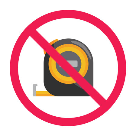 No measuring tape sign, forbidden sign with measuring tape icon, do not use measuring tool, do not measure, red crossed circle prohibition sign vector illustrationのイラスト素材