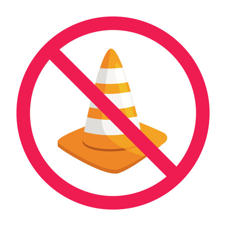No safety cone sign, forbidden road cone sign, construction cone prohibited symbol, no cone allowed warning, red crossed circle symbol, flat vector illustrationのイラスト素材