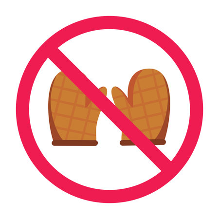 No kitchen glove sign, forbidden sign with pot holder icon, oven mitt prohibited symbol, red prohibition circle, flat vector illustrationのイラスト素材