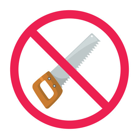 No saw sign, forbidden sign with hand saw icon, disadvantages of a hand saw, red crossed circle symbol, flat vector illustrationのイラスト素材