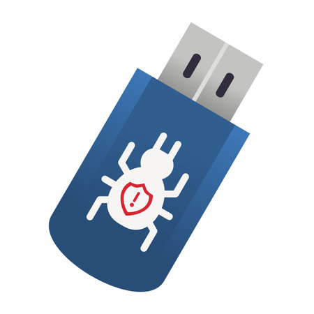 USB drive with malware icon, infected flash disk, virus on USB flash drive, data infection and...