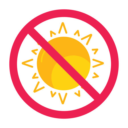 No sun sign, sun prohibition sign, no sun drying, no direct sunlight, no sun exposure, red crossed circle symbol, vector illustrationのイラスト素材