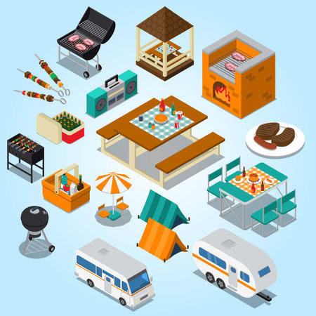 Isometric camping and barbecue icons set. Vector illustration in flat styleのイラスト素材