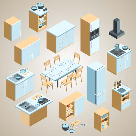 Kitchen furniture isometric icons set with fridge and stove vector illustrationのイラスト素材
