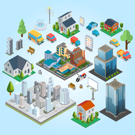 Set of isometric city buildings and streets. Vector illustration in flat style.のイラスト素材