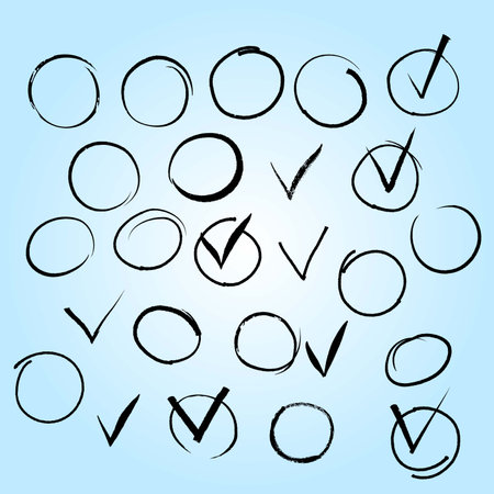 Vector set of hand drawn doodle circle and check marks.のイラスト素材