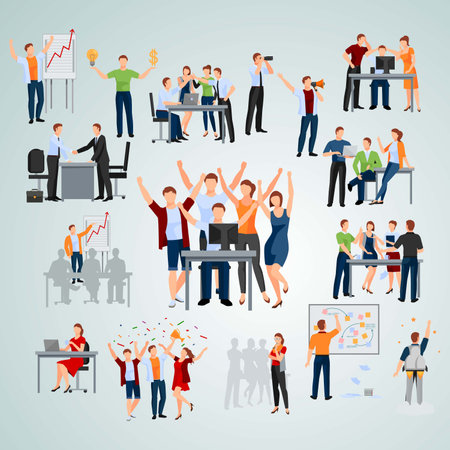 Business people working at office vector illustration. Teamwork, brainstorming, meeting, teamwork concept.のイラスト素材