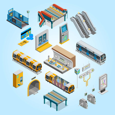 Subway station isometric icons set with train and subway isolated vector illustrationのイラスト素材