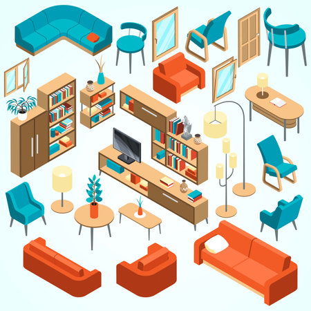 Living room isometric icons set with furniture and interior elements isolated vector illustrationのイラスト素材
