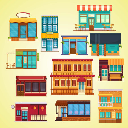 Set of buildings and shops. Vector illustration in flat cartoon style.のイラスト素材