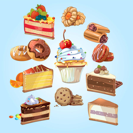 Set of sweet desserts, cakes and pastries. Vector illustration.のイラスト素材
