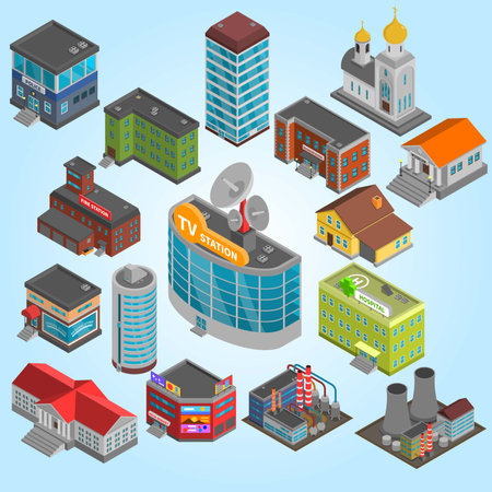 Isometric city icons set with buildings and skyscrapers isolated vector illustrationのイラスト素材