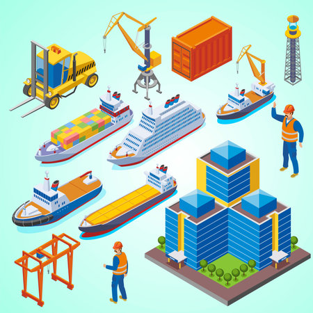 Isometric cargo ship with crane, container terminal and worker. Vector illustrationのイラスト素材