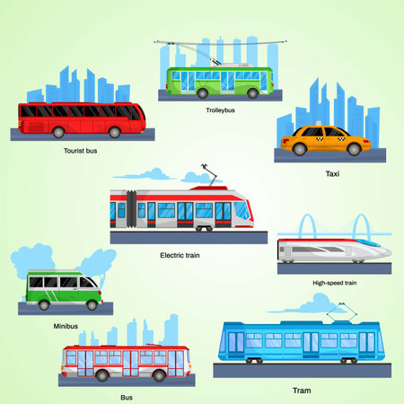 Set of city transport icons. Tram, bus, tram, tram, tram. Vector illustrationのイラスト素材