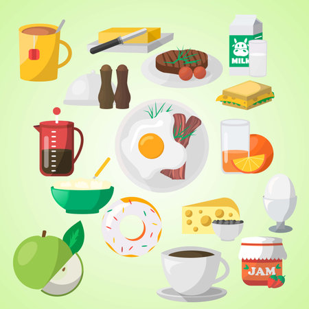 Breakfast icon set. Flat illustration of breakfast vector icons for web designのイラスト素材