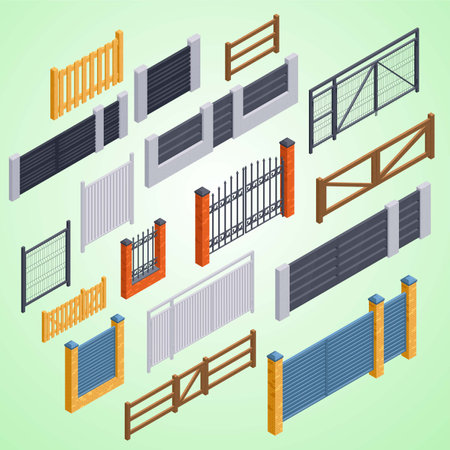 Fence set. Isometric set of fence vector icons for web designの写真素材