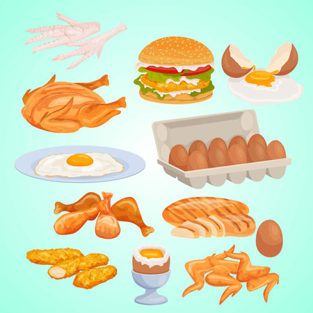 Set of fast food icons. Vector illustration in flat cartoon style.のイラスト素材