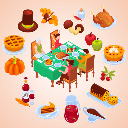 Thanksgiving holiday dinner isometric composition with table with turkey, pie and food vector illustrationのイラスト素材