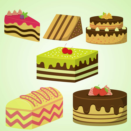 Set of different cakes on a light green background. Vector illustration.のイラスト素材