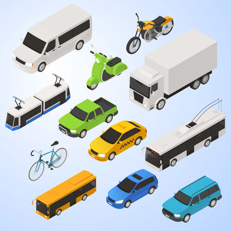 Set of isometric transport icons. Cars, trucks, buses and other vehicles.のイラスト素材