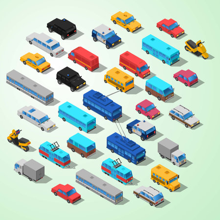 Public transport isometric icons set with cars and buses isolated vector illustrationのイラスト素材