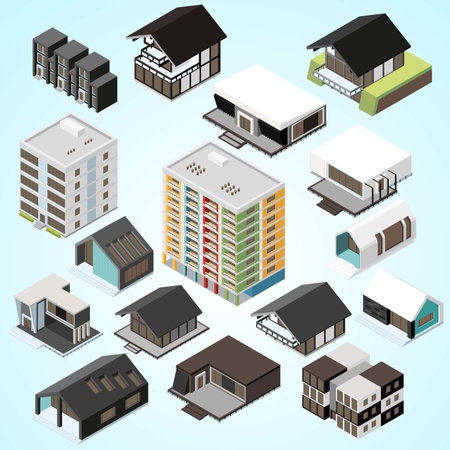 Real estate isometric icons set with buildings and houses isolated vector illustrationのイラスト素材