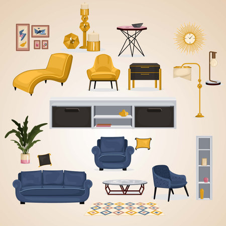 Living room furniture. Furniture for living room. Vector illustration.のイラスト素材