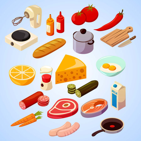 Food icons set in isometric 3d style isolated on blue backgroundのイラスト素材