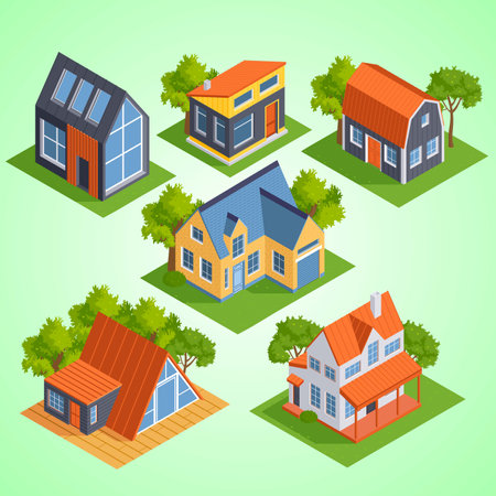 Set of isometric houses with trees and bushes. Vector illustration.のイラスト素材