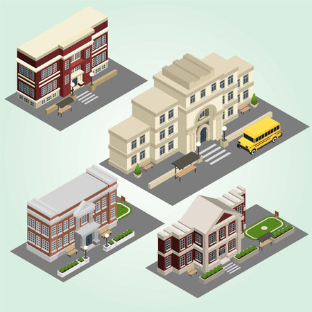 School building isometric icons set. Vector illustration in flat style.のイラスト素材