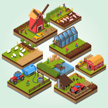 Farm isometric composition with different types of farming and agriculture elements vector illustrationのイラスト素材