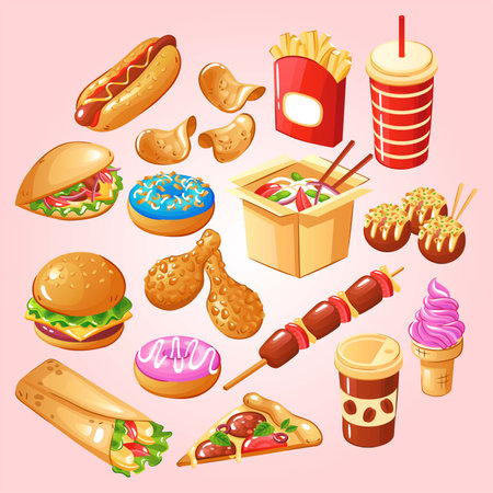 Fast food icons set. Cartoon illustration of fast food vector icons for web designの写真素材