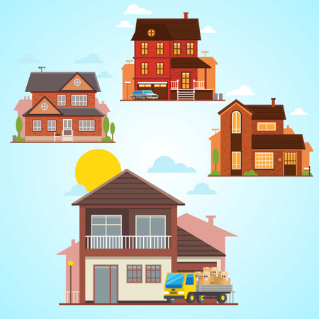 Set of houses. Vector illustration in flat cartoon style. Design elements for web, site, advertising, banner, poster.のイラスト素材
