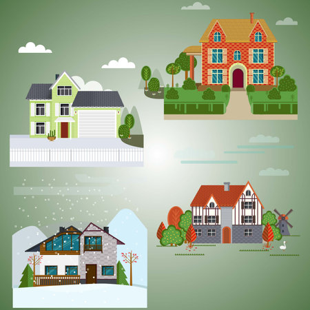 Set of houses and trees in flat design style. Vector illustration.のイラスト素材