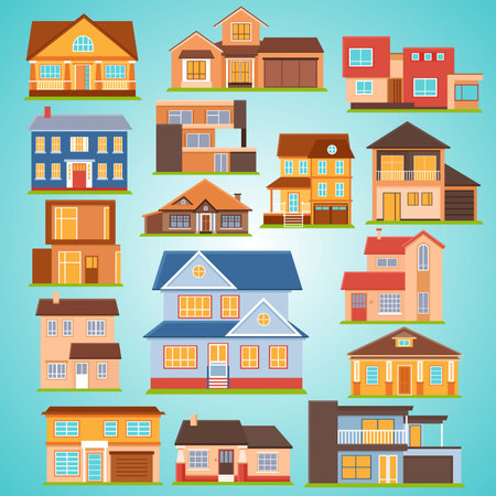 Set of different houses. Vector illustration in flat style. Isolated on white background.のイラスト素材