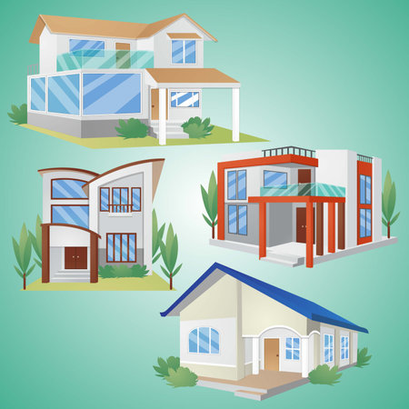 Vector illustration of a set of different houses on a green background.の写真素材