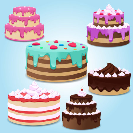 Illustration of a set of different sweet cakes on a blue backgroundのイラスト素材