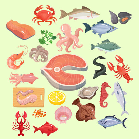 Set of seafood. Fish, shrimp, oyster, squid, crabpus, mussel, fish, lobsterpus. Vector illustration.のイラスト素材