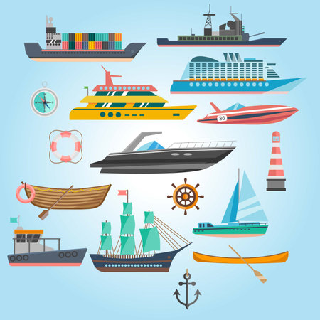 Set of ships, boats and tugboats. Vector illustration in flat styleのイラスト素材