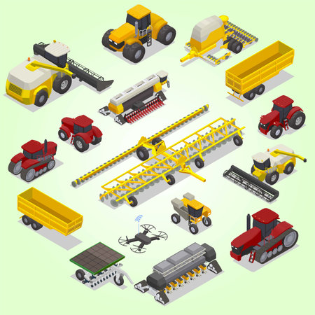 Agricultural machinery isometric icons set with combine harvester tractor and tractor vector illustrationのイラスト素材