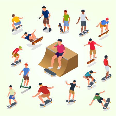 Skateboarding isometric icons set with men and women riding on skateboards isolated vector illustrationのイラスト素材