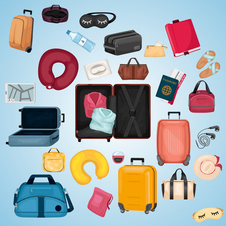 Set of travel bags and suitcases isolated on blue background. Vector illustration.のイラスト素材