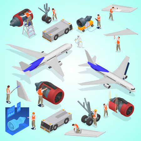 Airport isometric icons set with passenger plane and trucks isolated vector illustrationのイラスト素材