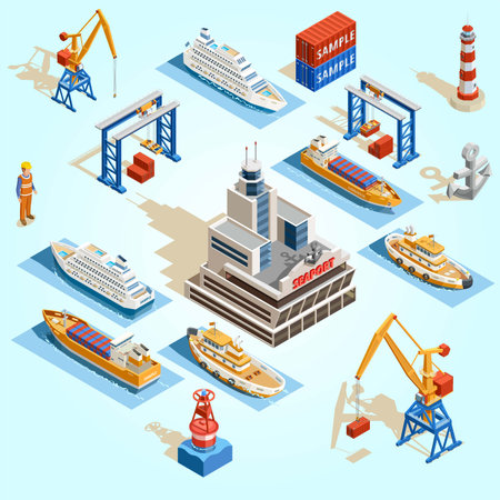 Set of isometric icons on the theme of sea transportation. Vector illustrationのイラスト素材