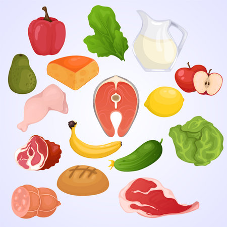 Healthy food icons set. Cartoon illustration of healthy food vector icons for web designのイラスト素材