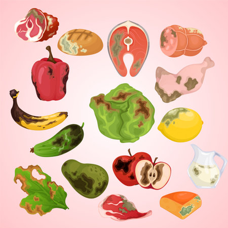 Illustration of different types of meat and vegetables on a pink backgroundのイラスト素材