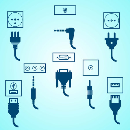 Electric plug and socket icons set. Vector illustration. Blue background.のイラスト素材