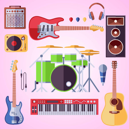 Set of musical instruments. Vector illustration in flat style. Music concept.のイラスト素材