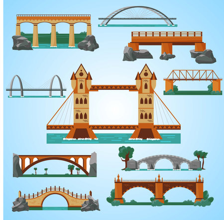 Set of bridges, vector illustration in flat style. Vector illustration.のイラスト素材